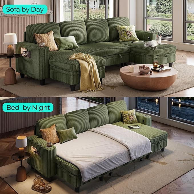 LINSY HOME Sectional Sleeper Sofa Pull Out Couches for Living Room (Green, Sleeper Sofa 3) | Pull Out Sofa Bed, Storage, USB Charging, Cup Holders, Plush Corduroy | Pull Out Sofa Bed, Storage, USB Charging, Cup Holders, Plush Corduroy