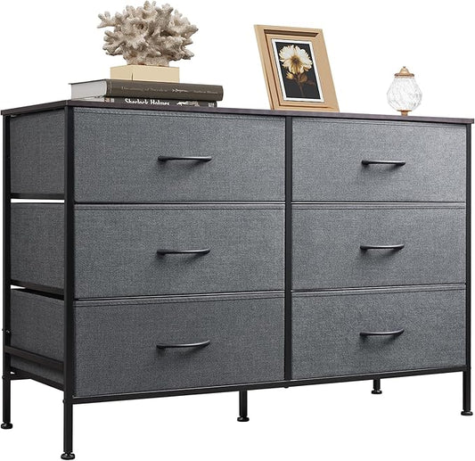 WLIVE Dresser for Bedroom with 6 Drawers, Wide Dresser TV Stand for 50 Inches TV, Gray Dresser with Metal Frame, Wooden Top, Fabric Dressers for Bedroom, Living Room, Hallway, Dark Gray