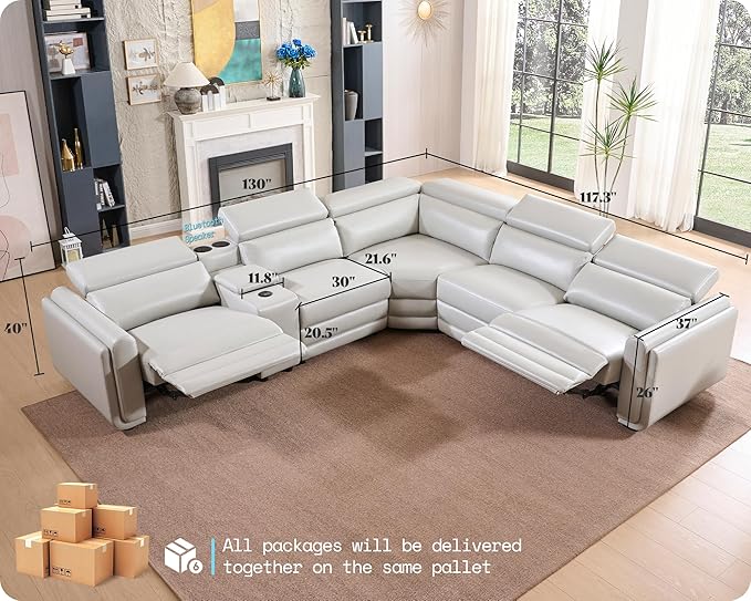 AMERLIFE Power Recliner Sofa, 129 Inch Oversized Reclining Sofa with Console & Speaker, 5 Seats L Shaped Sectional Couch for Living Room, Light Grey Leather