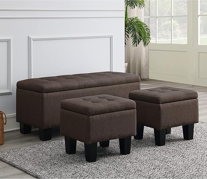 AC Pacific Tina Mid-Century Modern Tufted Storage Bench Lift Top with 2 Matching Ottomans, Upholstered Accent Seating for Living Room or Bedroom, Brown