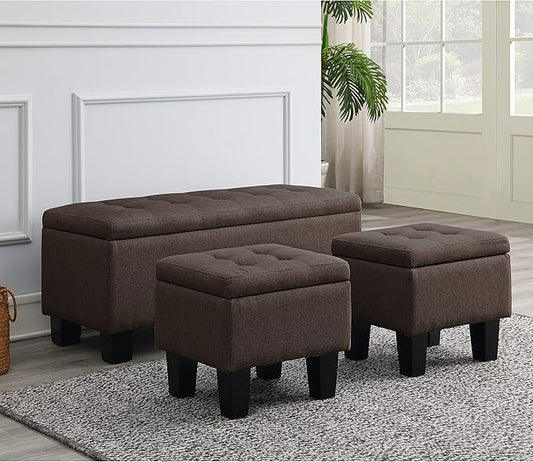 AC Pacific Tina Mid-Century Modern Tufted Storage Bench Lift Top with 2 Matching Ottomans, Upholstered Accent Seating for Living Room or Bedroom, Brown