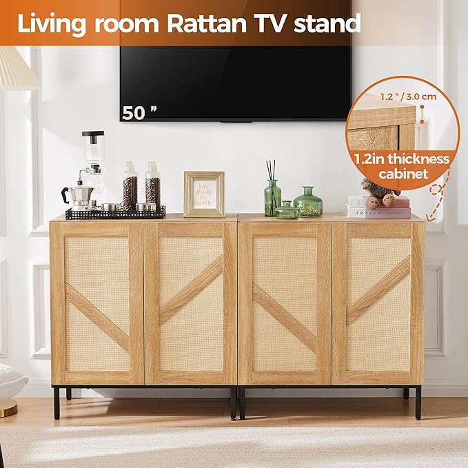 Mericonia Buffet Cabinet with Storage, Sideboards 2 Doors with Metal Base and Adjustable Shelf for Kitchen, Coffee Bar, Entryway, Hallway,Living Room (2 Door Buffet Cabinet, Rattan-Natural 2.0)