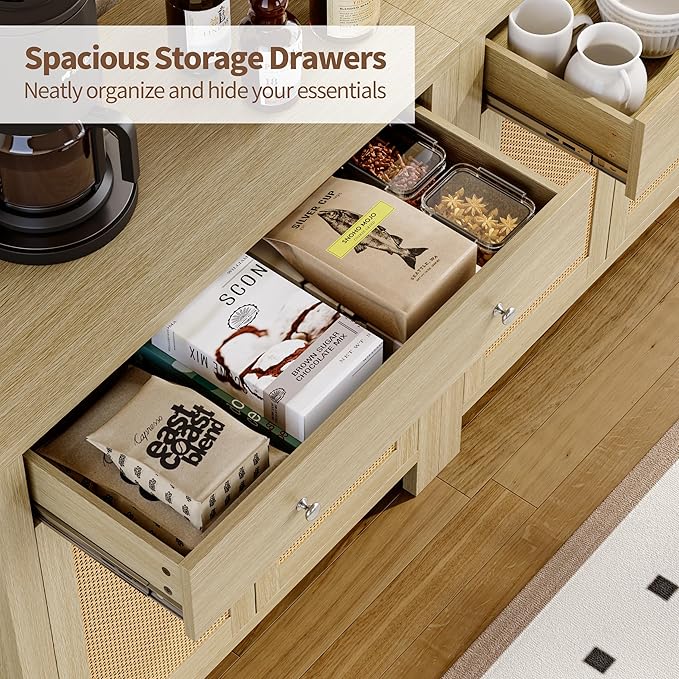 31" Sideboard Buffet Cabinet, Farmhouse Buffet Cabinet with Storage, Rattan Doors Cabinet, Multi-Functional Storage Cabinet Console Coffee Bar Cabinets for Entryway Living Room, Light Brown, 1 PCS