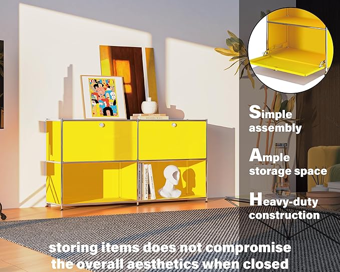 Metal Sideboard with 2 Flap Doors, DIY Modern Home Furnishing,Perfect for Home, Office, Kitchen, Hallway,Foyer Organization(Matt Yellow)