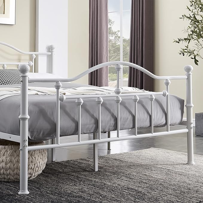 VECELO Full Size Bed Frame, Metal Platform Mattress Foundation/Box Spring Replacement with Headboard Victorian Style, White