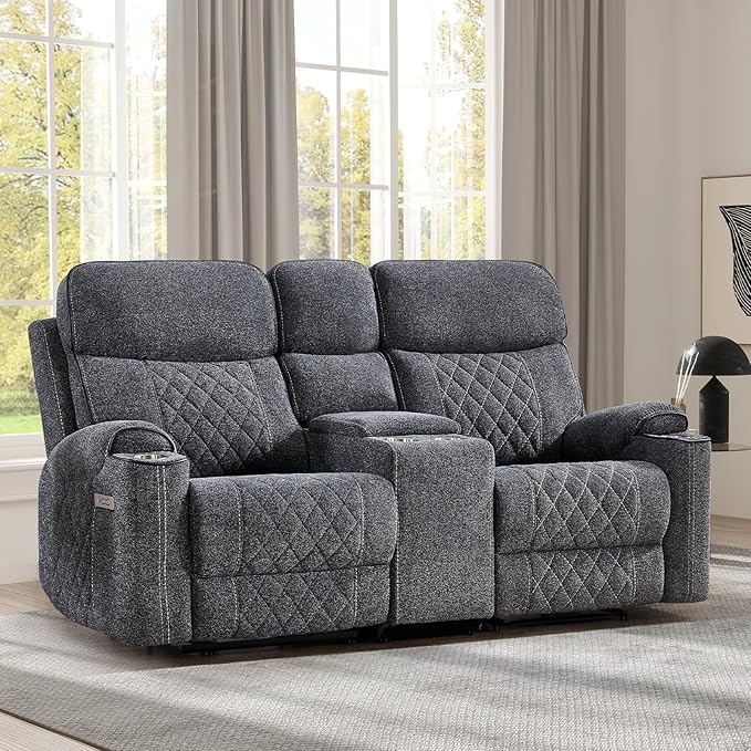 EBELLO Power Reclining Sofa Couch, Fabric Electric Recliner Loveseat Sofa with Cup Holders, USB Type-C Charging Ports and Storage Space, 2 Seats for Small Living Room, Bedroom and Meeting Room, Grey