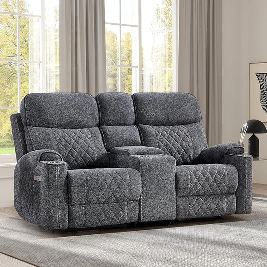 EBELLO Power Reclining Sofa Couch, Fabric Electric Recliner Loveseat Sofa with Cup Holders, USB Type-C Charging Ports and Storage Space, 2 Seats for Small Living Room, Bedroom and Meeting Room, Grey