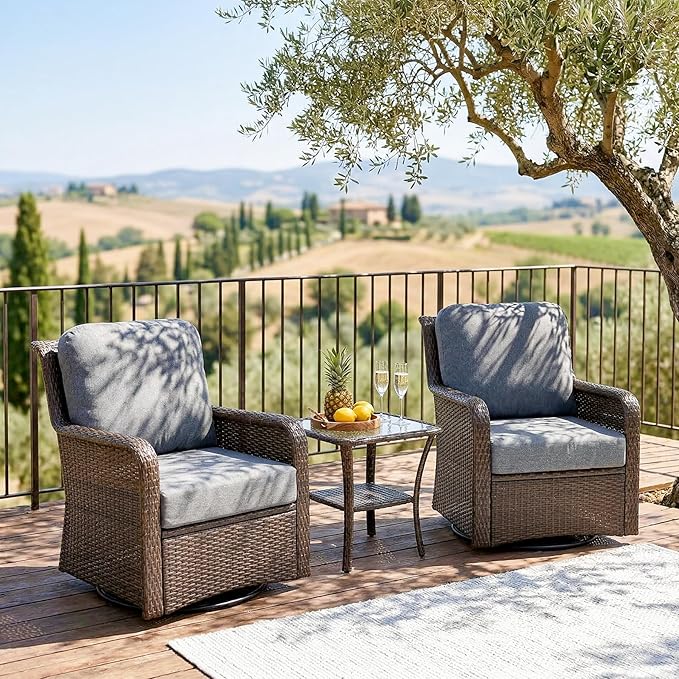 Tribesigns Outdoor Wicker Swivel Chairs, 3-Piece Outdoor Patio Furniture Set, Patio Bistro Sets with Tempered Glass Side Table, for Balcony, Porch - Brown Wicker