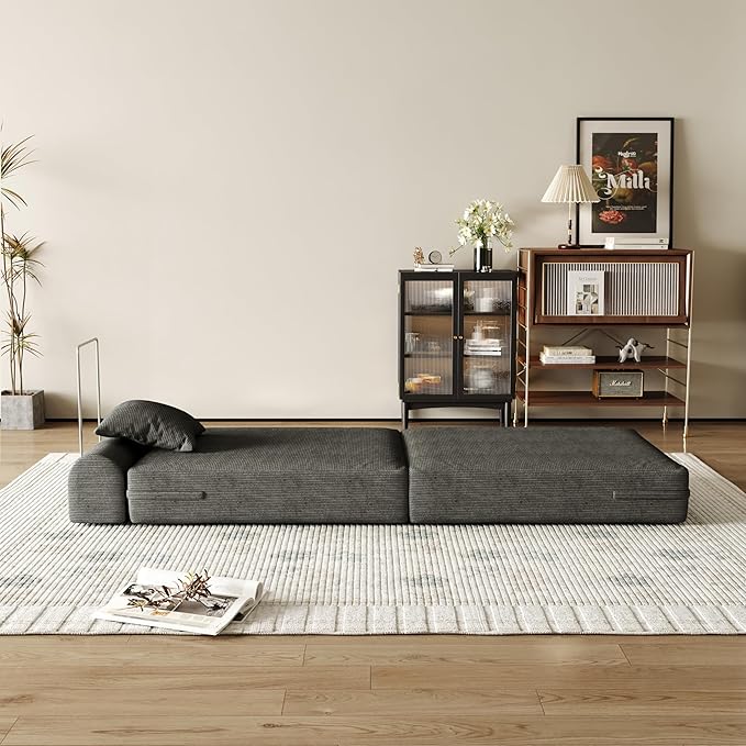 31.5'' Convertible Compressed Corduroy Folding Cloud Sofa Bed Set of 2, 2 Pieces Modern Boneless Pull Out Sleeper Sofa Couch, 3 in 1 Portable Lazy Floor Lounge Chair Set, No Assembly Needed, Grey