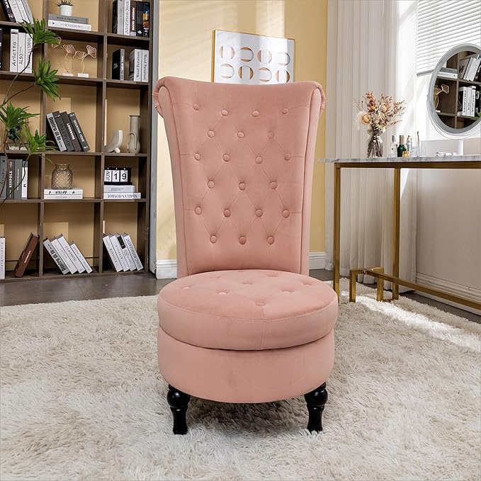 Royal High-Back Velvet Accent Chair for Vanity with Storage and Luxurious Upholstery, Retro Design and Versatile Usage for Living Room, Bedroom, Lounge and Office, Rose