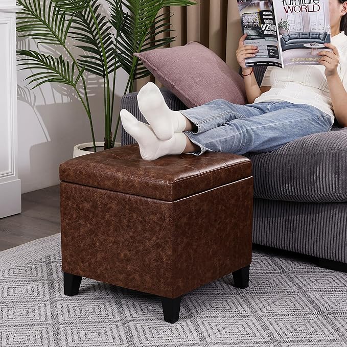 Adeco 18" Faux Leather Storage Ottoman with Hinged Lid, Mid-Century Modern Foot Rest Stool with Solid Wood Legs, Small Coffee Table & Shoe Bench for Living Room, Bedroom, Brown