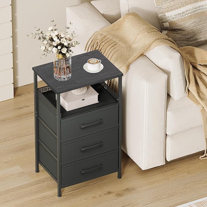 Nightstand Set of 2, Night Stands with 3 Fabirc Drawers, 26.4 Inch Tall Bedside Table with Metal Shelf, Modern Side End Table Storage Furniture, Small Dresser for Bedroom, Black