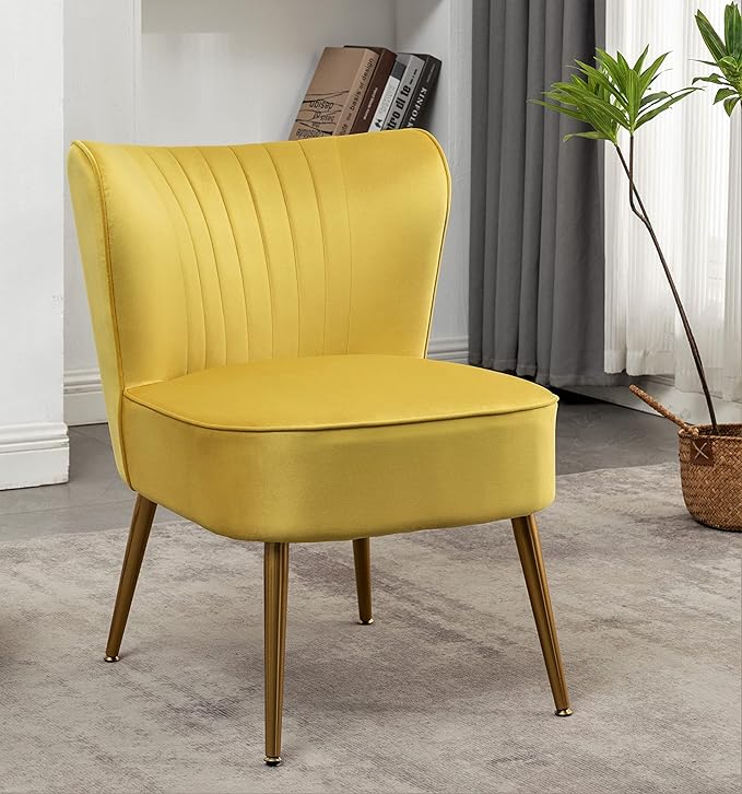 Modern Velvet Accent Chair for Living Room, Bedroom, or Entryway, Stylish and Comfortable Armless Design with Metal Legs, Yellow