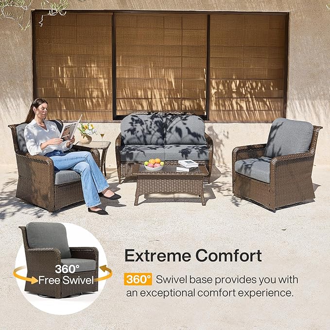 Tribesigns 5-Piece Outdoor Wicker Patio Furniture Set with 2 Swivel Chairs, 1 Loveseat & 2 Tables, All-Weather PE Rattan Conversation Set with Thick Gray Cushions, Brown Wicker Patio Set for Backyard