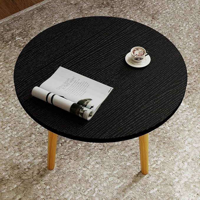 Round Coffee Table Low Table with 3 Solid Wood Sturdy Legs, Floor Table Desk for Sitting on The Floor, Storage and Living Room Furniture (Black)