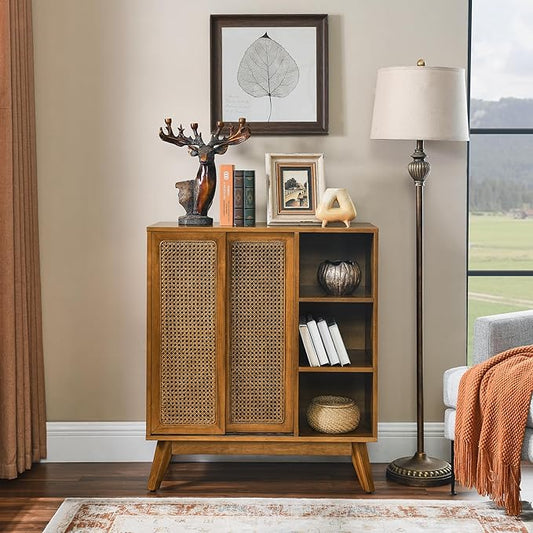 Ball & Cast 32" Mid Century Modern Rattan Sideboard Cabinet with 2 Sliding Doors, Buffet Cabinet w/Adjustable Shelf & Solid Wood Legs for Entryway, Living Room, Kitchen,Dining Room, Light Walnut