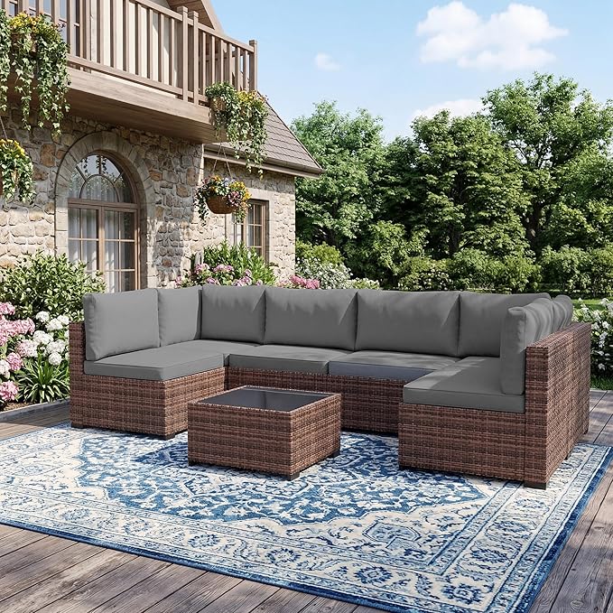 LHBcraft Patio Furniture Set,7 Pieces Outdoor Wicker Rattan Patio Furniture, Wicker Rattan Outdoor Sectional Sofa Set with Coffee Table for Garden, Poolside Taupe-Grey