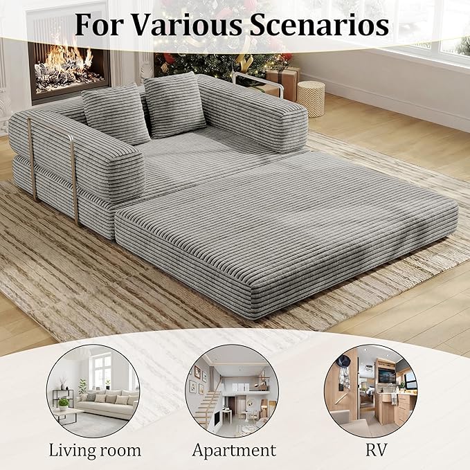 BSHOMGI 4 in 1 Futon Sofa Bed Queen Size - Foldable Convertible Sleeper Sofa Couch with L-Shaped Support, Removable Washable Floor Space Saving for Bedroom & Dorm (Light Gray, 53.15" Double Sofa)