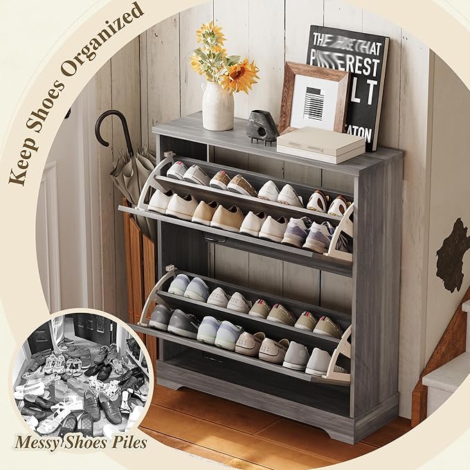 Semiocthome Farmhouse Shoe Storage Cabinet with 2 Flip Drawers, 31.5"(W) Freestanding Shoe Organizer with Barn Door and Metal Handles for Entryway, Rustic Narrow Slim Shoe Rack Cabinet - Washed Gray