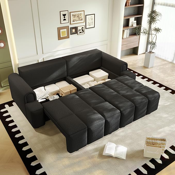 KEIKI 90.2" Modern 3-in-1 Sleeper Sofa Bed – Teddy Fabric 4-Seater Couch with Storage, King Size Convertible Sofa for Office, Guest Room, Home Workspace, Reclining Sofa Bed with Casters