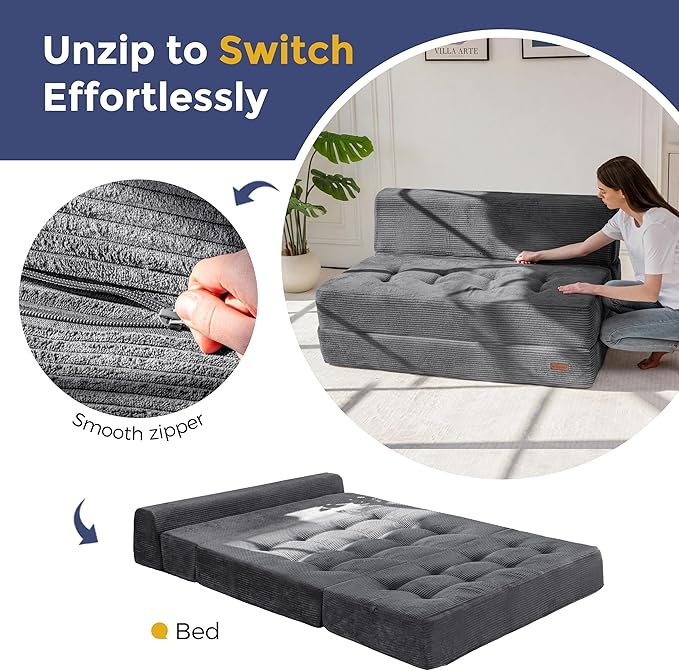 MAXYOYO 8" Folding Sofa Bed, Convertible Sleeper Sofa Lounger Foldable Mattress, Wedge Shape Floor Couch Tufted Fold Out Chair Bed Comfy Floor Couch Lounge for Living Room Bedroom, Loveseat, Dark Grey