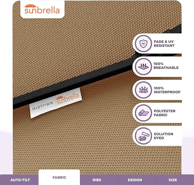 Midtown Umbrellas - The Lean 8 Ft Patio Umbrella with Fade-Resistant Sunbrella Fabric, Auto-Tilt Aluminum Frame and 8 Reinforced Ribs for Deck, Pool & Garden - Heather Tan Canopy, Black Pole