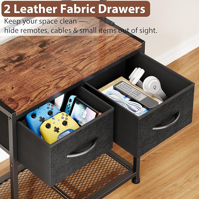 23-50 Inch Corner TV Stand with Mount and 2 Fabric Drawers, Floor Small TV Stand for Bedroom Living Room, Entertainment Center with Storage Shelves, Television Stands TV Console Table, Black & Brown