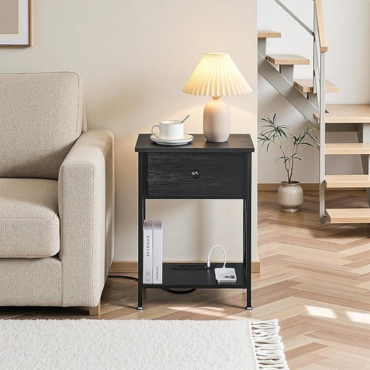 VECELO End Table with Charging Station, Night Stand with Drawers, 2-Tier Bedside Tables with USB Ports & Outlets, Side Table with Storage Shelf for Living Room/Bedroom, Black