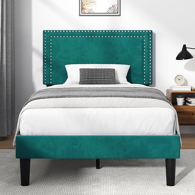 Twin Size Platform Bed Frame with Height Adjustable Upholstered Headboard, Modern Mattress Foundation,Strong Wood Slat Support, No Box Spring Needed, Easy Assembly