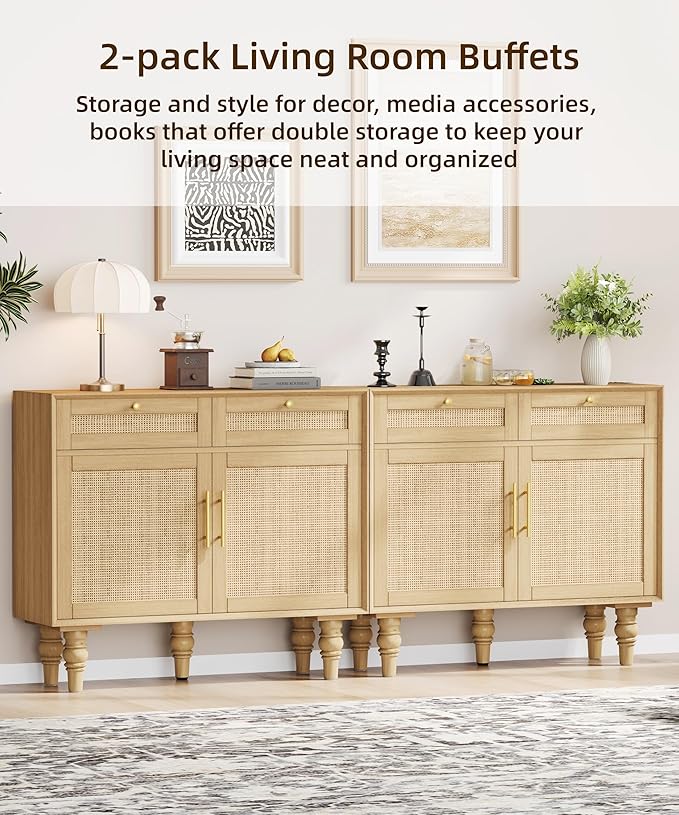 35.4" Rattan Buffet Sideboard Cabinet with Storage, Boho Buffet Table with Adjustable Shelf & 2 Drawer, Floor Storage Cabinet with Solid Wood Legs for Kitchen, Dining Room and Living Room, Natural