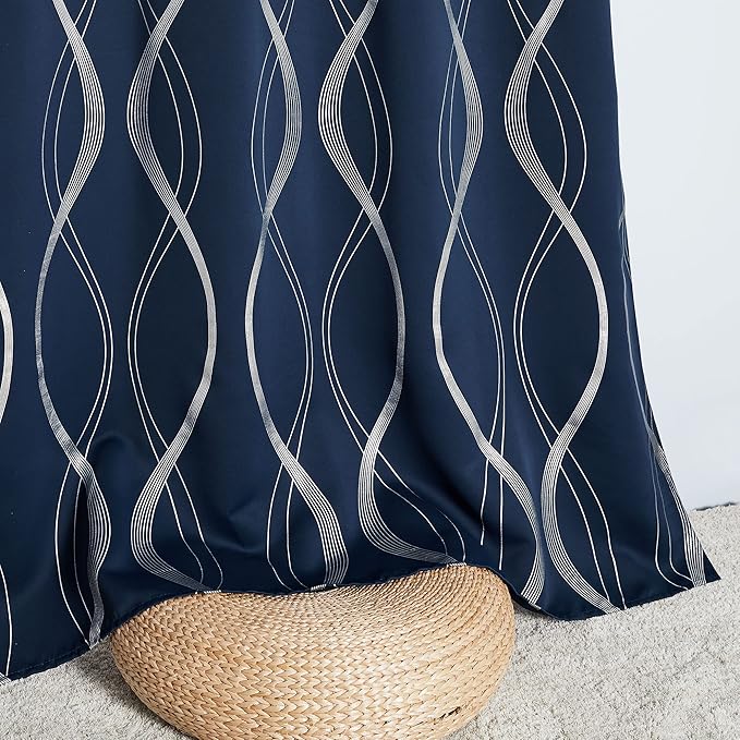 NICETOWN Blackout Curtain Panels 95 inches Long for Patio Door, Window Treatment Energy Saving Thermal Insulated Foil Printed Wave Lines Blackout Drapes for Living Room (Navy Blue, 1 Pair, 52" Wide)
