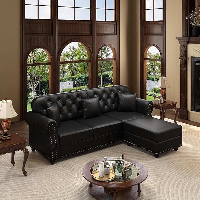 KEIKI 83" Faux Leather Chesterfield Sofa with Rolled Arms & Nailhead Trim & 2 Ottoman, 3-Seater Button Tufted Couch with High Resilience Cushion & 3 Pillow, Easy Assembly, for Living Room, Black