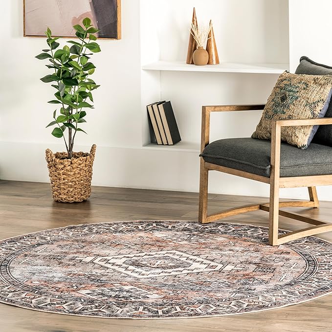 Nuloom SpinClean Bowie Rust/Ivory, 6' Round, Vintage Oriental, Soft and Cozy, High Traffic, Stain Resistant, Easy Clean, Durable Washable Area Rug for Bedroom, Living Room, Dining, Entryway
