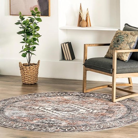 Nuloom SpinClean Bowie Rust/Ivory, 8' Round, Vintage Oriental, Soft and Cozy, High Traffic, Stain Resistant, Easy Clean, Durable Washable Area Rug for Bedroom, Living Room, Dining, Entryway