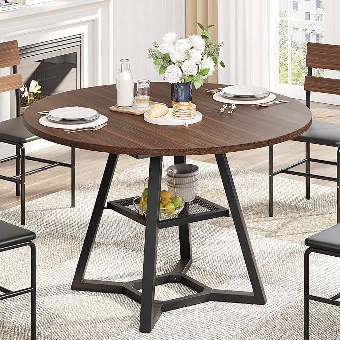 Round Dining Table for 4, Kitchen Tables Dining Room Circle Dinner Table with Pedestal Metal Frame, Space Saving Wood Industrial Kitchen & Dining Room Tables, Walnut 43In