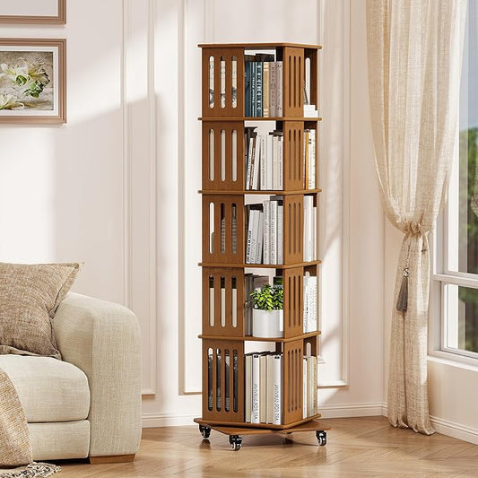 5 Tier Rotating Bookshelf Tower on Wheels, Wood Spinning Bookcase, Bamboo Revolving Book Shelf, Narrow Bookshelves for Small Space, Corner, Bedroom, and Living Room - Walnut