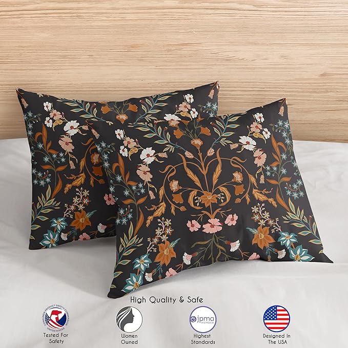 Sweet Jojo Designs Boho Wildflower Vintage Floral Girl Queen Comforter Set Full Size Bedding Teen Adult Bed Room 3p Black Orange Bohemian Farmhouse Flower Leaves Paisley Botanical Cottagecore Rustic