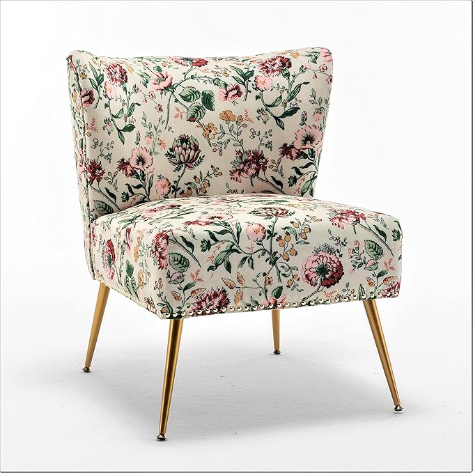 Thia Armless Accent Chair for Living Room, Elegant Seat with Nailhead Trim, Gold Metal Legs and Comfortable Curved Back, 28" D x 25" W x 29.5" H, 03 Floral Print