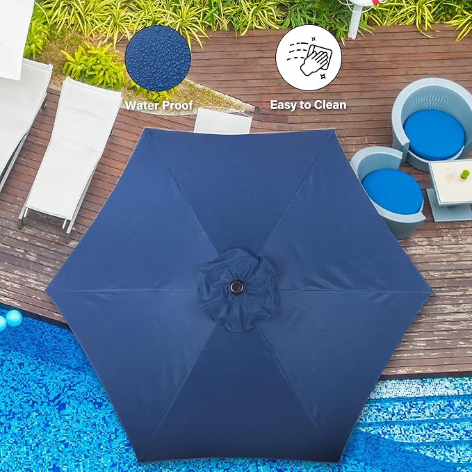Simple Deluxe 7.5' Patio Umbrella with 20 Inch 50lbs Capacity Fillable Round Base, 6 Sturdy Ribs with Push Button Tilt/Crank for Garden, Deck, Backyard, Pool, Blue and Black