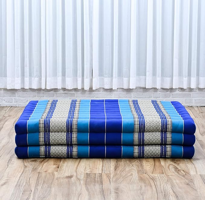Leewadee Trifold Mattress XL – Comfortable Thai Massage Pad, Foldable Relaxation Floor Mattress Filled with Kapok, Perfect to Use as a Sleeping Mat 79 x 39 inches, Blue