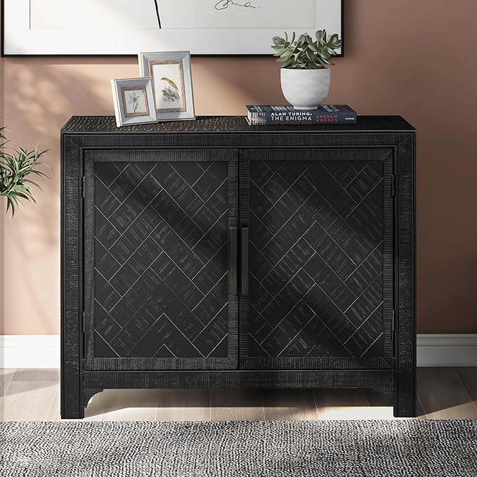 Ball & Cast 40" Farmhouse 2-Doors Storage Sideboard Buffet Cabinet w/Adjustable Shelves & Pattern Door, Wood Decorative Coffee Accent Cabinet Console Table for Entryway Kitchen Dining, Antique Black