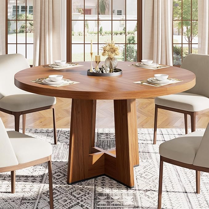 IDEALHOUSE 47" Round Dining Table, Kitchen Table for 4-6 People, Circle Tables with Sturdy Pedestal Base, Space Saving Dinning Room Furniture for Living Room, Kitchen, Brown