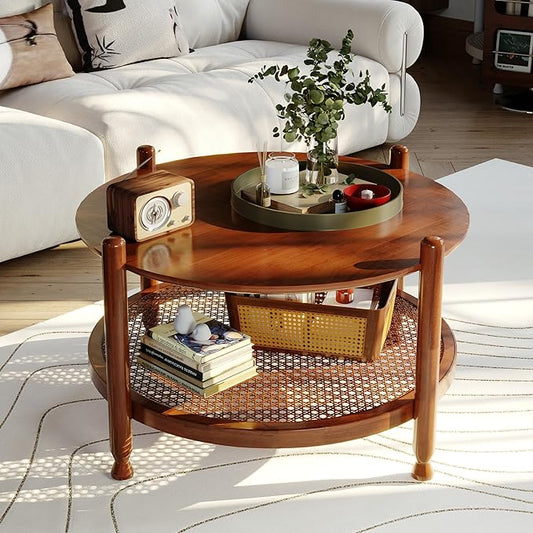 NSdirect 32" Round Coffee Table for Living Room, 2-Tier Rustic Wood Center Table for Home Decor with Boho Woven Rattan Storage Shelf | Modern Farmhouse Design, Easy Assembly, Red Brown