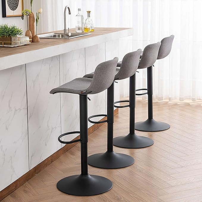 YOUTASTE Fabric Grey Bar Stools Set of 2, Modern Upholstered Counter Height Barstools, Adjustable Swivel Bar Stool with Black Metal Legs, Breakfast Bar Chairs for Kitchen Island Home Bistro