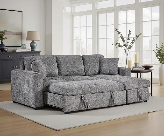 ERYE 96-Inch Oversized Reversible Corner Sleeper Sectional Sofa Bed for Living Room Office,L-Shaped Boucle Upholstered Convertible Pull Out Sleeper Couch Bed W/Storage Chaise | Cupholders, USB-C Ports, Channel Tufted