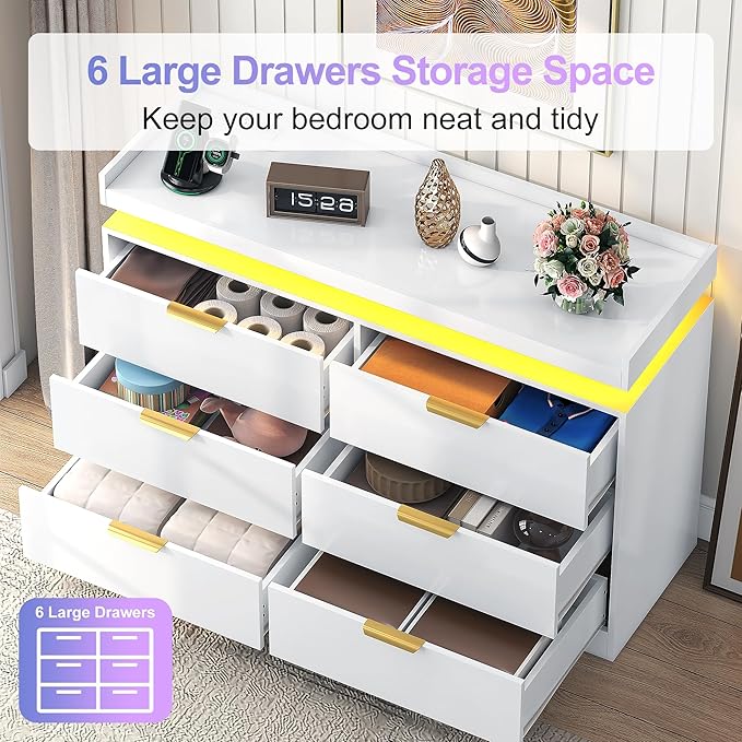 6 Drawer Dresser for Bedroom, White Dresser with LED Lights and Power Outlet, Wooden Dressers Chests of Drawers, Double Wide Dressers for Bedroom, Entryway, Hallway