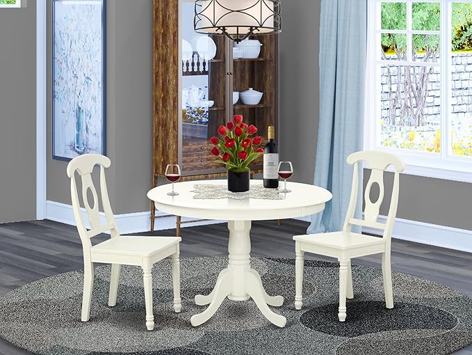East West Furniture HLKE3-LWH-W 3 Piece Kitchen Table & Chairs Set Contains a Round Dining Room Table with Pedestal and 2 Dining Chairs, 42x42 Inch, Linen White