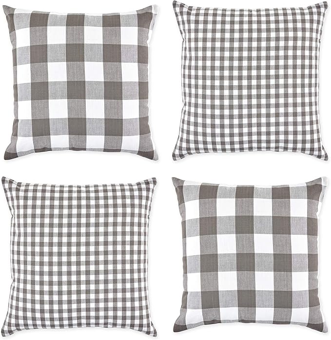 DII Decorative Square Throw Pillow Cover Collection Cotton, Machine Washable, Hidden Zipper, 18x18, Gray Gingham, 4 Piece