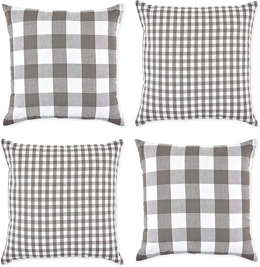 DII Decorative Square Throw Pillow Cover Collection Cotton, Machine Washable, Hidden Zipper, 18x18, Gray Gingham, 4 Piece