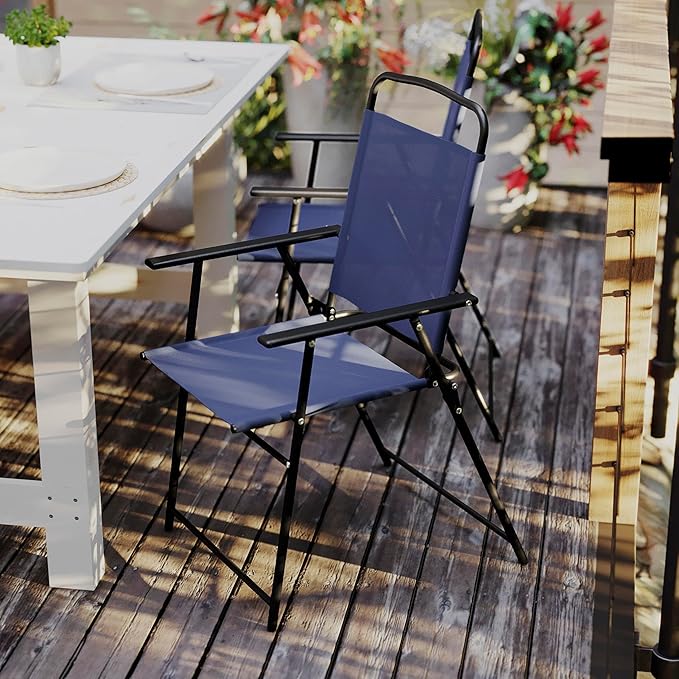 Flash Furniture Mystic Folding Patio Sling Chairs, Outdoor Textilene Lawn Chairs with Armrests, Set of 2, Navy